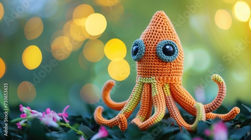 Crocheted squid toy vibrant backdrop, handcrafted and adorable, Ai Generated © Crazy Juke