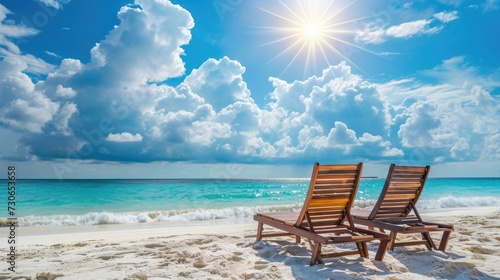 Tranquil beach chairs rest on white sands under a sunny, cloudy blue sky, Ai Generated.