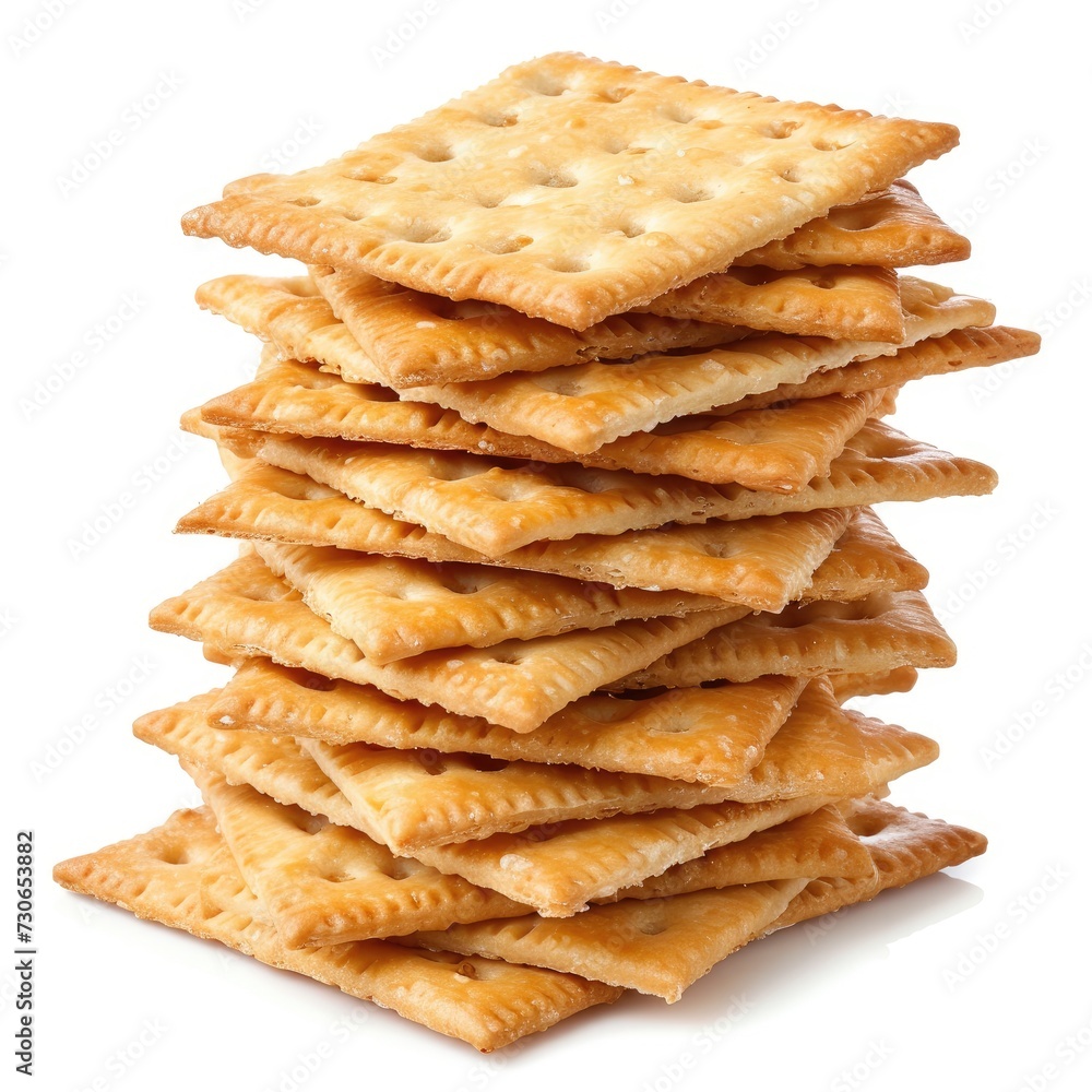 Crunchy stack of crackers isolated on white, perfect for snack designs, Ai Generated. Crunchy stack of crackers isolated on white, perfect for snack designs, Ai Generated.