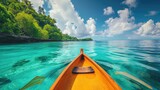 A canoe glides over turquoise tropical waters near a sandy beach, a scenic paradise, Ai Generated.