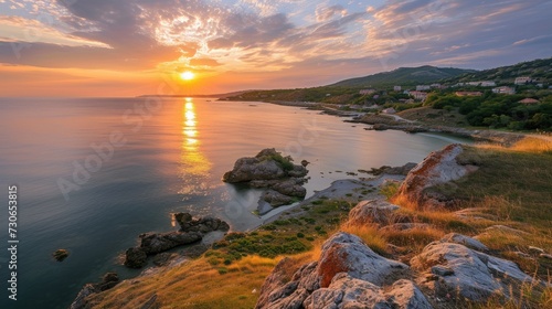 A beautiful view of Bulgaria's coast at sunrise, painting a serene and tranquil scene, Ai Generated.