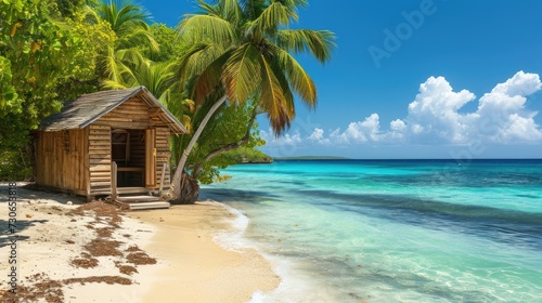 A beautiful wooden hut on a Caribbean beach with turquoise water and palm trees, Ai Generated. © Crazy Juke