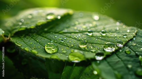 Close-up photo captures glistening drops on a green leaf, a moment of natural elegance, Ai Generated.