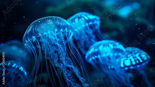 Bioluminescent blue and teal glowing jellyfish illuminate the underwater ocean  surrounded by marine life  Ai Generated.