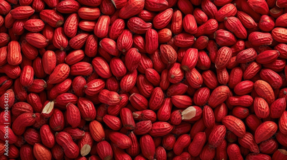 Dive into the rich hues of a panoramic view featuring red unpeeled peanuts. Ai Generated.