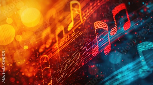 Sheet music adorned with colorful music notes, creating a vibrant musical background. Ai Generated