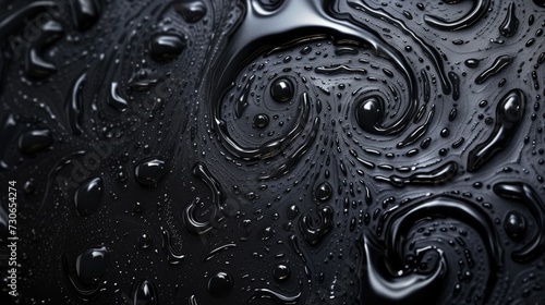 Elegant water drops dance on a black canvas, adorned with mesmerizing swirling patterns, Ai Generated.