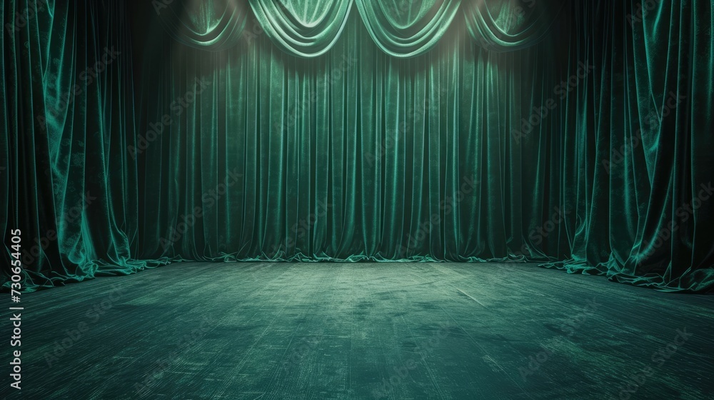Green velvet curtains frame an empty theater stage, awaiting the spotlight. Classic, Ai Generated. - obrazy, fototapety, plakaty 