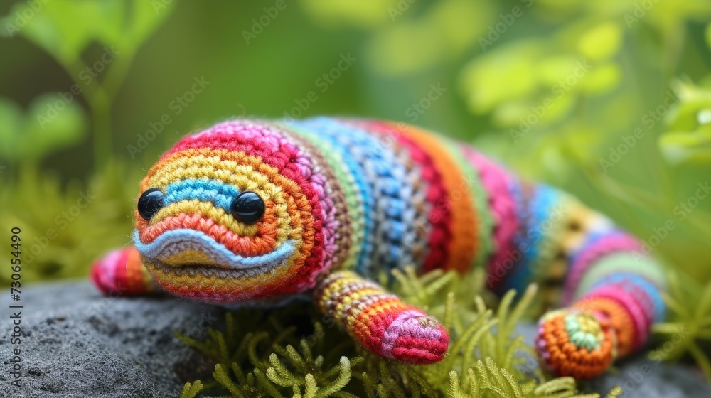 Obraz premium Crocheted eel toy vibrant backdrop, handcrafted and adorable, Ai Generated
