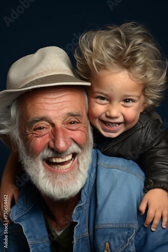 Grandfather and grandson laughing and hugging isolated on dark background. © Dragan