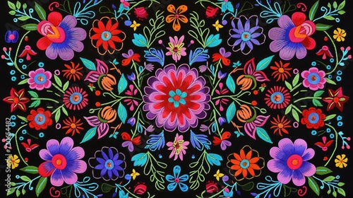 Vibrant Mexican traditional embroidery pattern pops against a sleek black background. Cultural, Ai Generated.