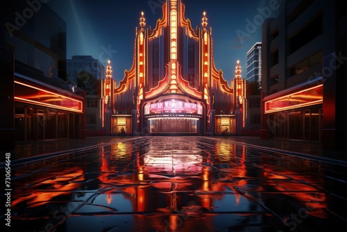 An art deco style cinema with a neon marquee
