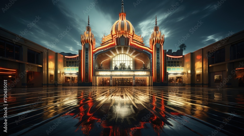 An art deco style cinema with a neon marquee - obrazy, fototapety, plakaty 