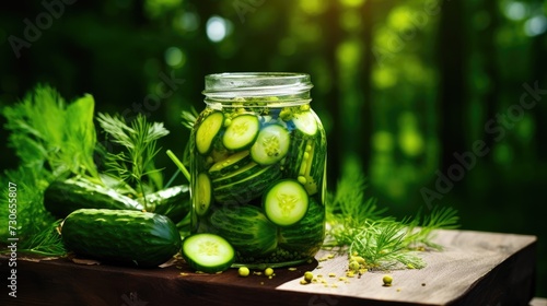Salted, pickled cucumbers in a jar on a wooden table in the garden. Cucumbers, herbs, dill, garlic. Preservation, conservation. Background, copy space. Sunny bright day.