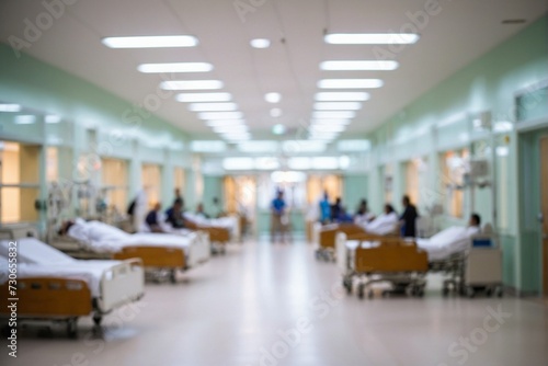 Blurred image of hospital corridor with patient bed and blurred background.