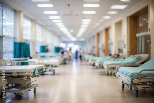 Blurred image of hospital corridor with patient bed and blurred background.