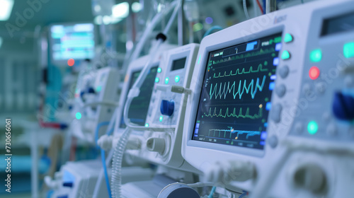 Medical monitors with vital signs in a hospital.