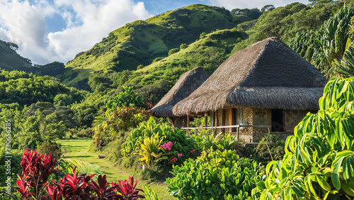 Thatched huts nestled in lush green hills.