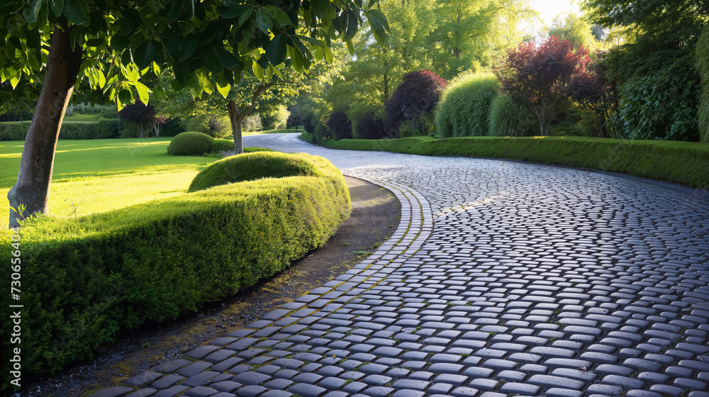 Sunlit cobblestone path winding through a garden.