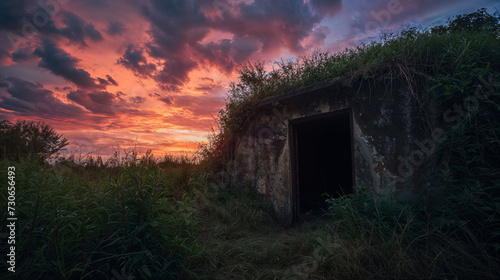 Sunset sky above a mysterious bunker entrance.