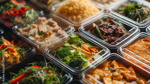 Assorted takeout meals in organized containers.