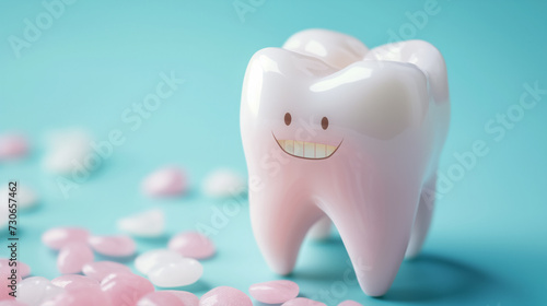 Cute cartoon tooth among pink candies.
