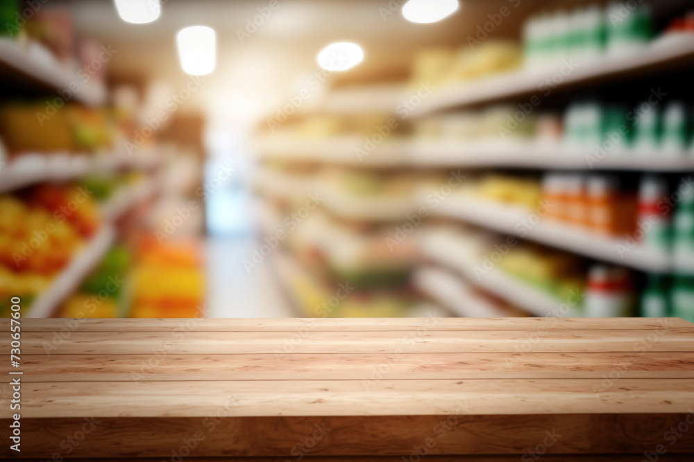 Tabletop view on modern product display in grocery or department store with wooden table and blurred backdrop for advertising and promotion on table showcase. Flawless generative ai