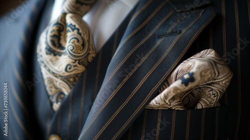 Elegant suit with paisley tie and pocket square.
