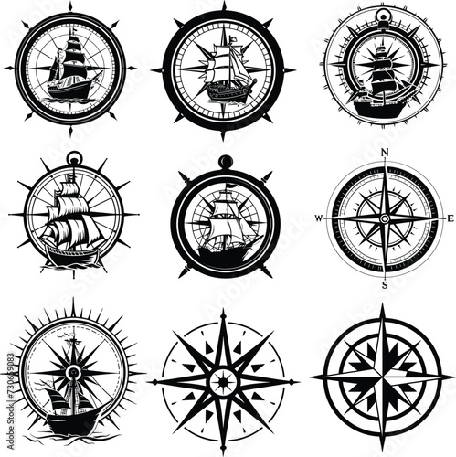 compass silhouette set vector illustration, 