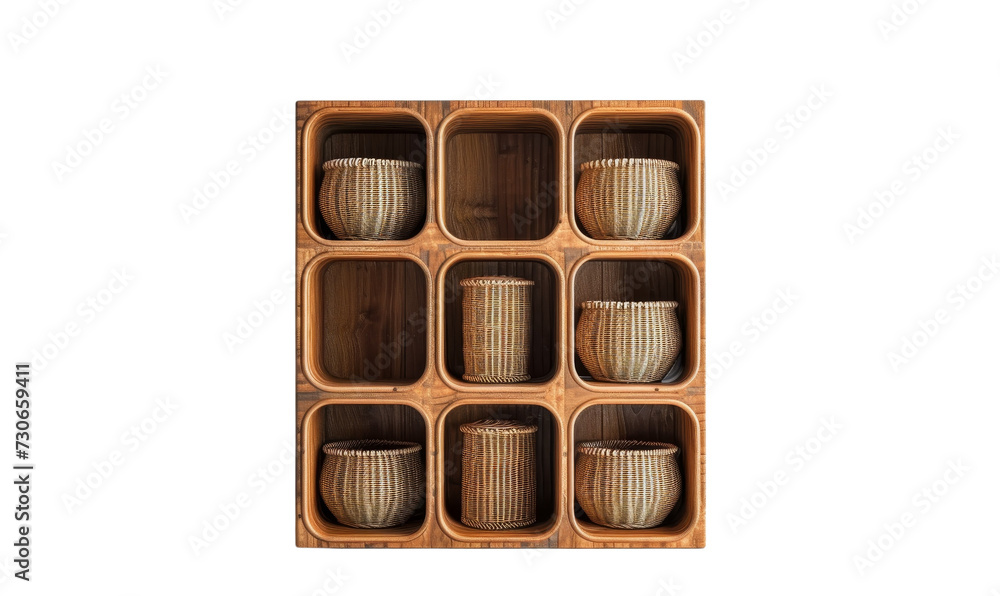 Oak wooden shelf with tidy wicker baskets for storage. Oak wooden shelf with tidy wicker baskets for storage.