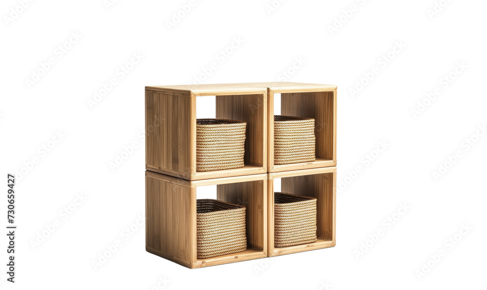 Modern cube wooden shelf with wicker baskets. Modern cube wooden shelf with wicker baskets.