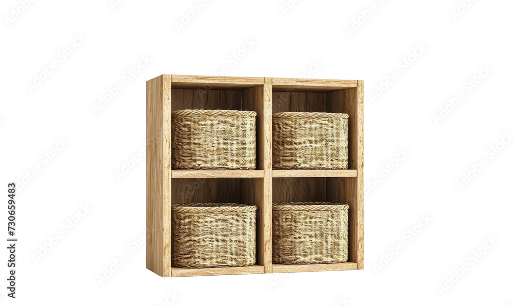Oak wooden shelf with tidy wicker baskets for storage.