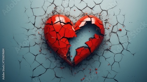 A broken red heart on a blue background. Glass fragments fly apart. The concept of separation, divorce, loneliness.