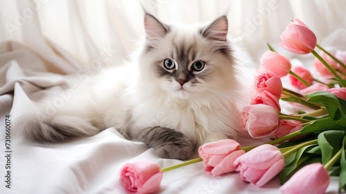 A cute fluffy cat is lying on a blanket next to tulips. Greeting card for Women's Day, Valentine's Day. © Cherkasova Alie