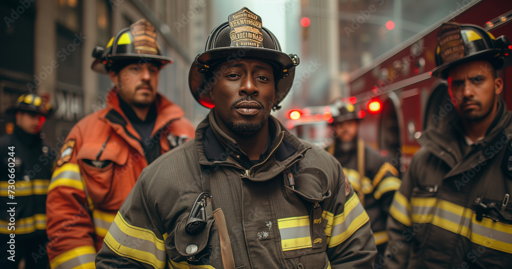 Firefighter portrait on duty. Photo of happy fireman with gas mask and helmet near fire engine Firefighter portrait on duty. Photo of happy fireman with gas mask and helmet near fire engine