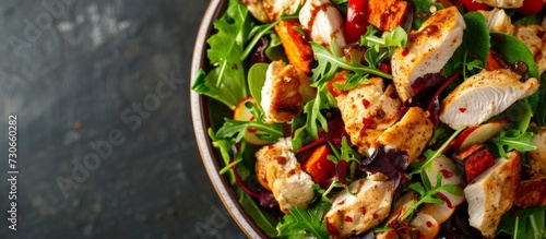 Delicious and nutritious chicken salad with roasted veggies and greens.