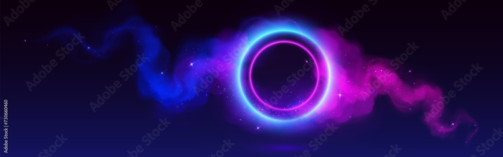 Circle neon blue and pink gradient frame with smoke clouds. Realistic vector illustration of magic fantasy game portal with bright light ring. 3d round glow led circular border with colorful steam. Circle neon blue and pink gradient frame with smoke clouds. Realistic vector illustration of magic fantasy game portal with bright light ring. 3d round glow led circular border with colorful steam.