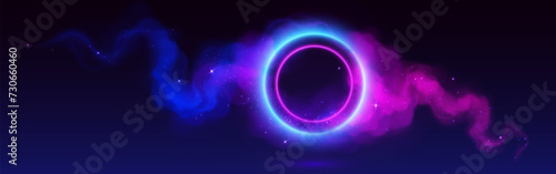 Circle neon blue and pink gradient frame with smoke clouds. Realistic vector illustration of magic fantasy game portal with bright light ring. 3d round glow led circular border with colorful steam.