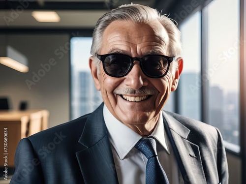 a professional senior businessman in suit smiling and wearing sunglasses. successful company boss © ZulHaq