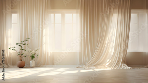 Minimalist Room with Curtains and Big Windows Space and Wall for Product Showcase