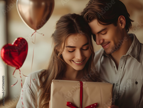 Thank you, love. Young couple celebrating their special date. Woman giving present to her boyfriend on anniversary or St Valentines Day. Happy man thanking his girlfriend for cute Valentine gift © Ekaterina
