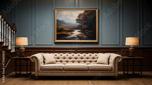 Luxury white leather sofa in living room with moulding. On the wall big mockup poster frames. Real estate ad brochure.