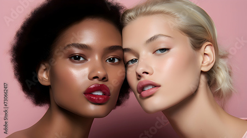 Bold lipstick colors on two beautiful models, striking portrait.