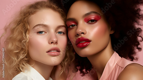 Glamorous female models in vibrant lipstick, beauty shoot.