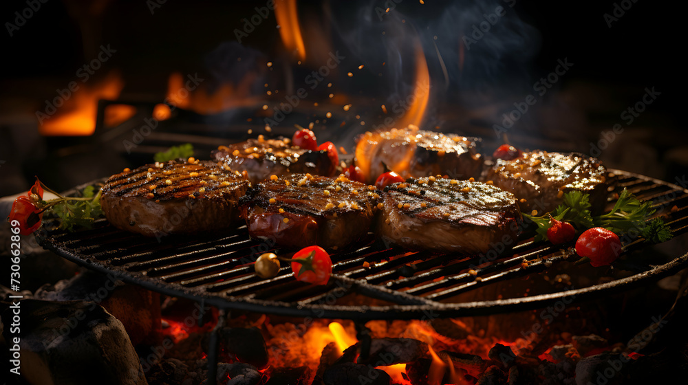 Experience the excitement of grilling with this stunning photo of roast beef steaks hovering above the barbecue flames, complemented by colorful vegetables and fragrant spices. 
