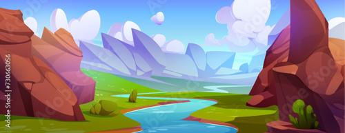 River with green grass and rock mountains on shore. Cartoon vector summer landscape with big stones, field and bushes on riverside of stream with blue water under sunny sky with fluffy clouds.