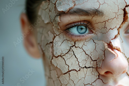 Close up portrait of a woman with cracked dry skin. Beauty and cosmetic skincare problems