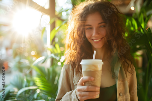 woman holding cup of frape cafe with green plants in background in sunlight ai generated art photo