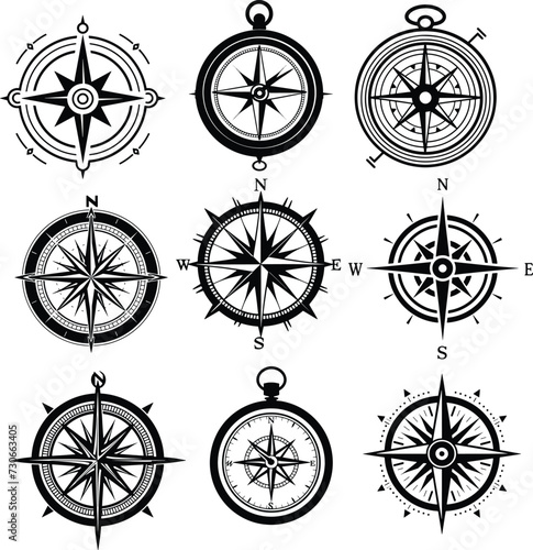 compass silhouette set vector illustration, 