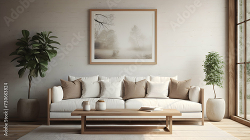Rustic Charm  Wall Art Showcase in Farmhouse Living Room with Comfy Sofa and Cushions. Real estete brochure or ad.